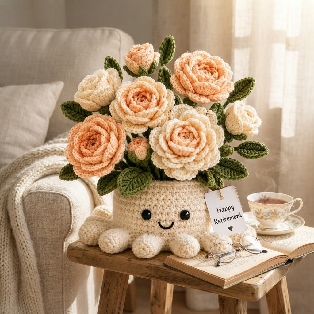 Handmade Crochet Rose Octopus Pot | Cute Amigurumi Peach Floral Plant Gift
