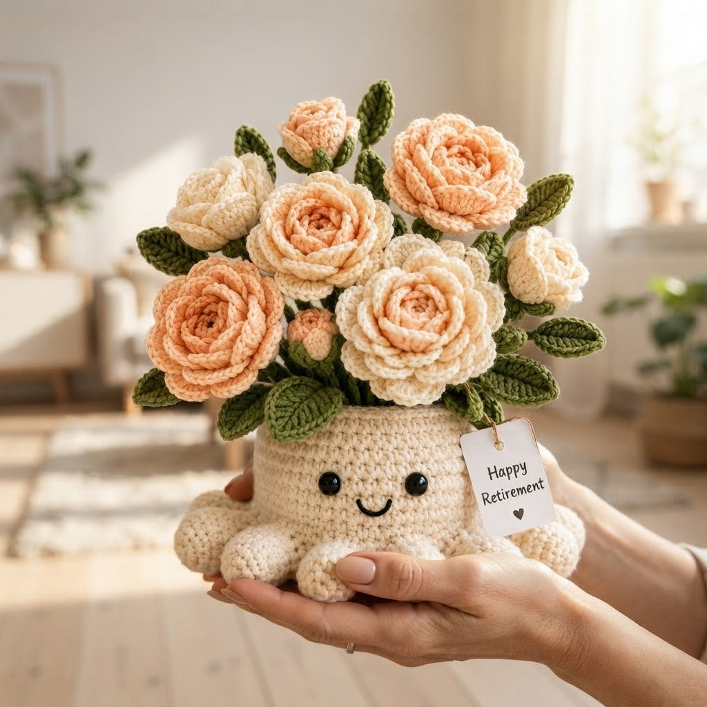 Handmade Crochet Rose Octopus Pot | Cute Amigurumi Peach Floral Plant Gift