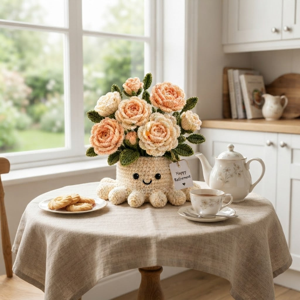 Handmade Crochet Rose Octopus Pot | Cute Amigurumi Peach Floral Plant Gift