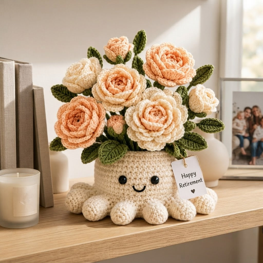Handmade Crochet Rose Octopus Pot | Cute Amigurumi Peach Floral Plant Gift