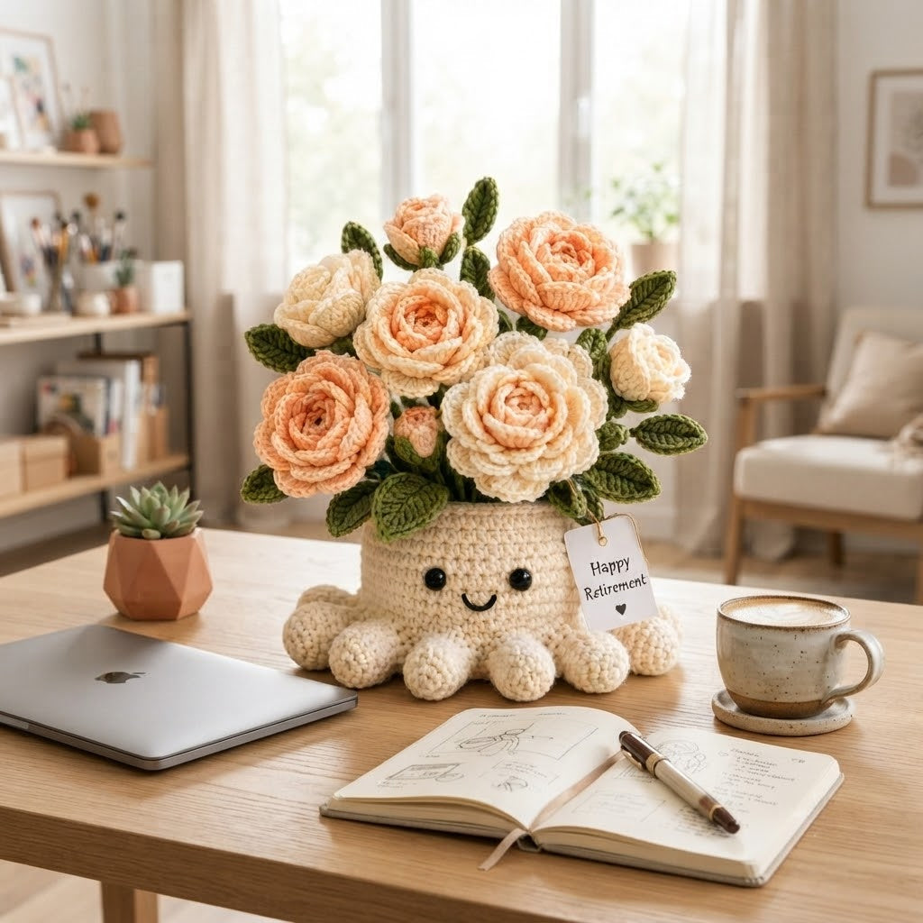 Handmade Crochet Rose Octopus Pot | Cute Amigurumi Peach Floral Plant Gift