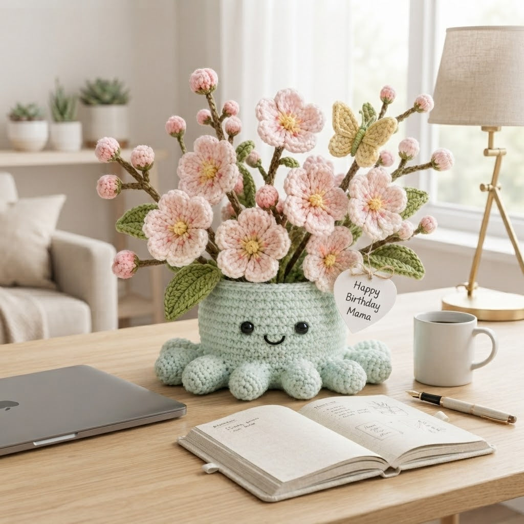 Handmade Crochet Cherry Blossom Octopus Pot | Cute Amigurumi Floral Gift for Mom