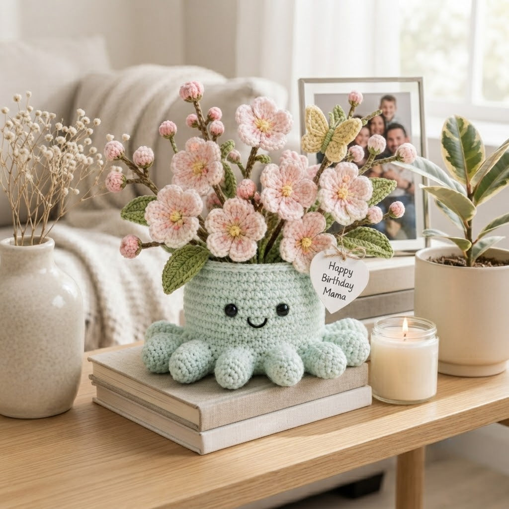 Handmade Crochet Cherry Blossom Octopus Pot | Cute Amigurumi Floral Gift for Mom