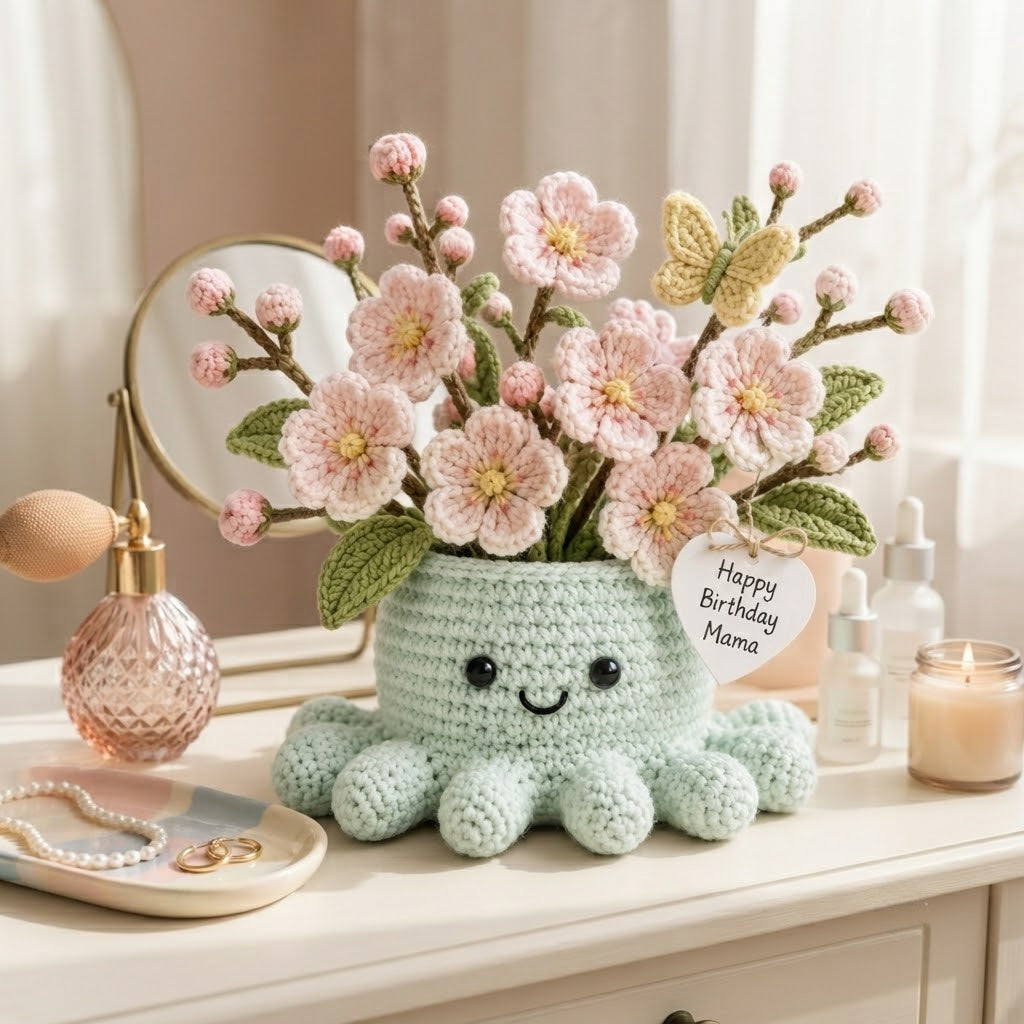Handmade Crochet Cherry Blossom Octopus Pot | Cute Amigurumi Floral Gift for Mom