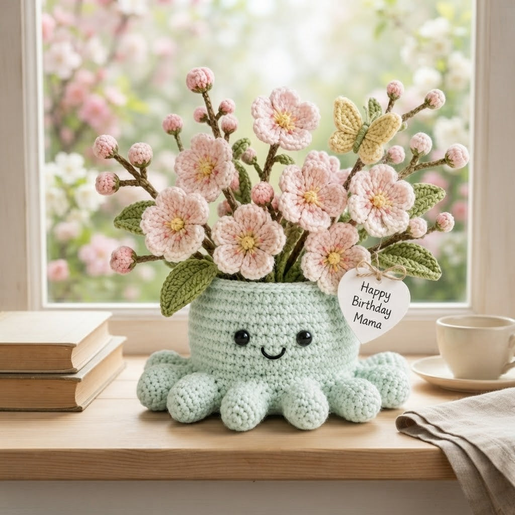 Handmade Crochet Cherry Blossom Octopus Pot | Cute Amigurumi Floral Gift for Mom