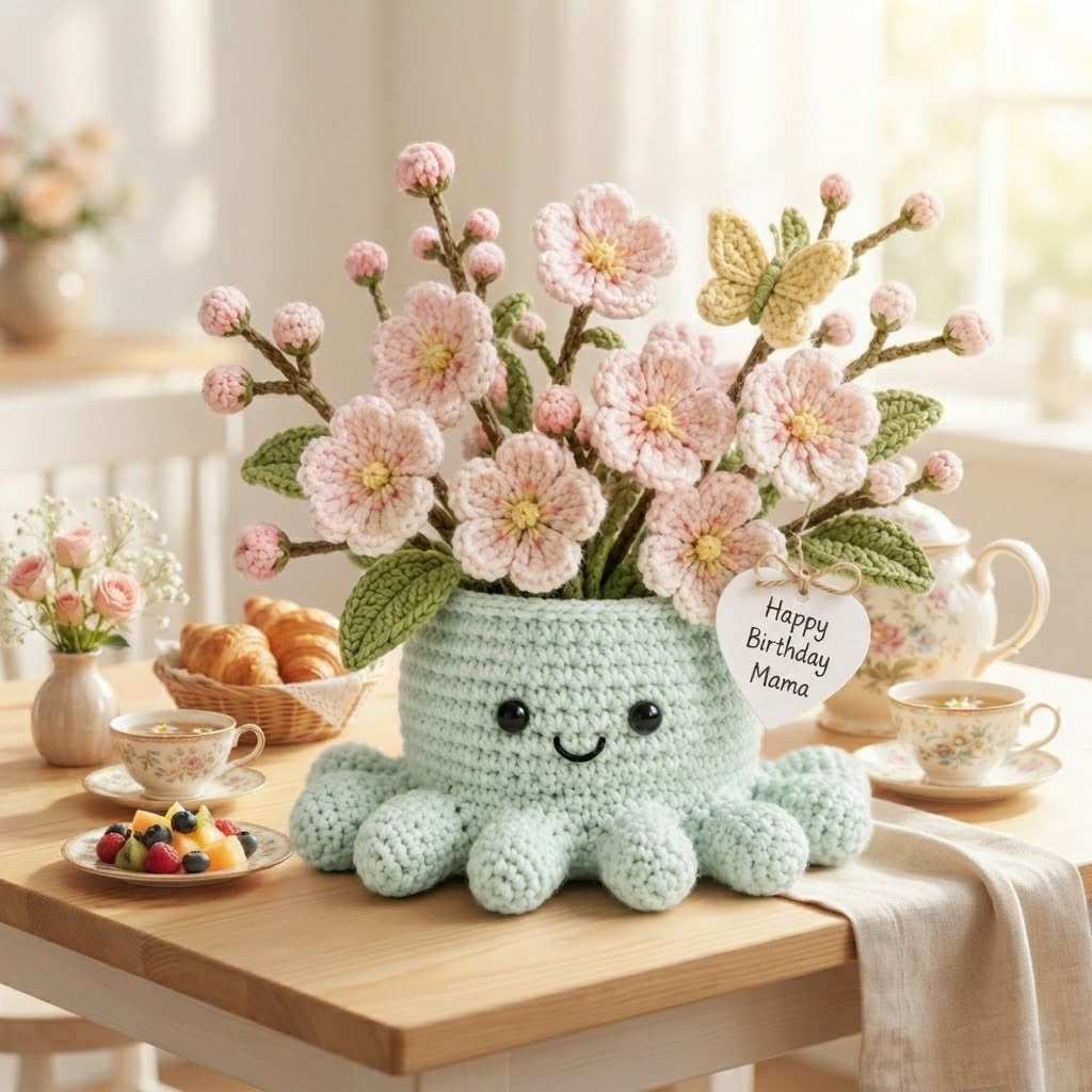 Handmade Crochet Cherry Blossom Octopus Pot | Cute Amigurumi Floral Gift for Mom