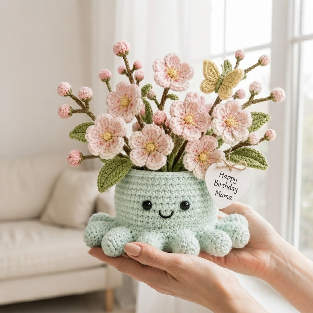 Handmade Crochet Cherry Blossom Octopus Pot | Cute Amigurumi Floral Gift for Mom