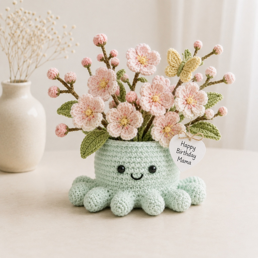 Handmade Crochet Cherry Blossom Octopus Pot | Cute Amigurumi Floral Gift for Mom