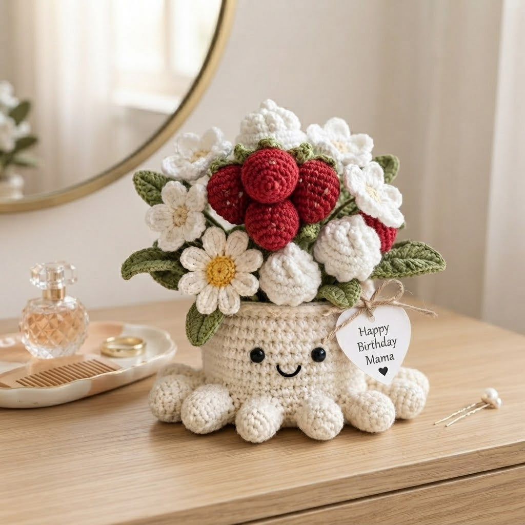 Handmade Crochet Strawberry and Daisy Octopus Pot | Cute Amigurumi Floral Gift for Mom