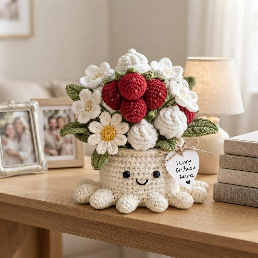 Handmade Crochet Strawberry and Daisy Octopus Pot | Cute Amigurumi Floral Gift for Mom