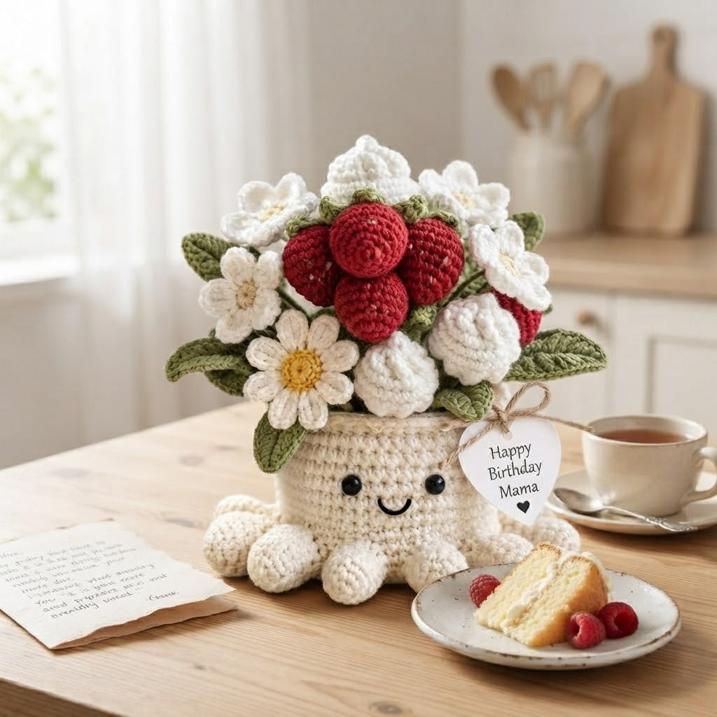 Handmade Crochet Strawberry and Daisy Octopus Pot | Cute Amigurumi Floral Gift for Mom