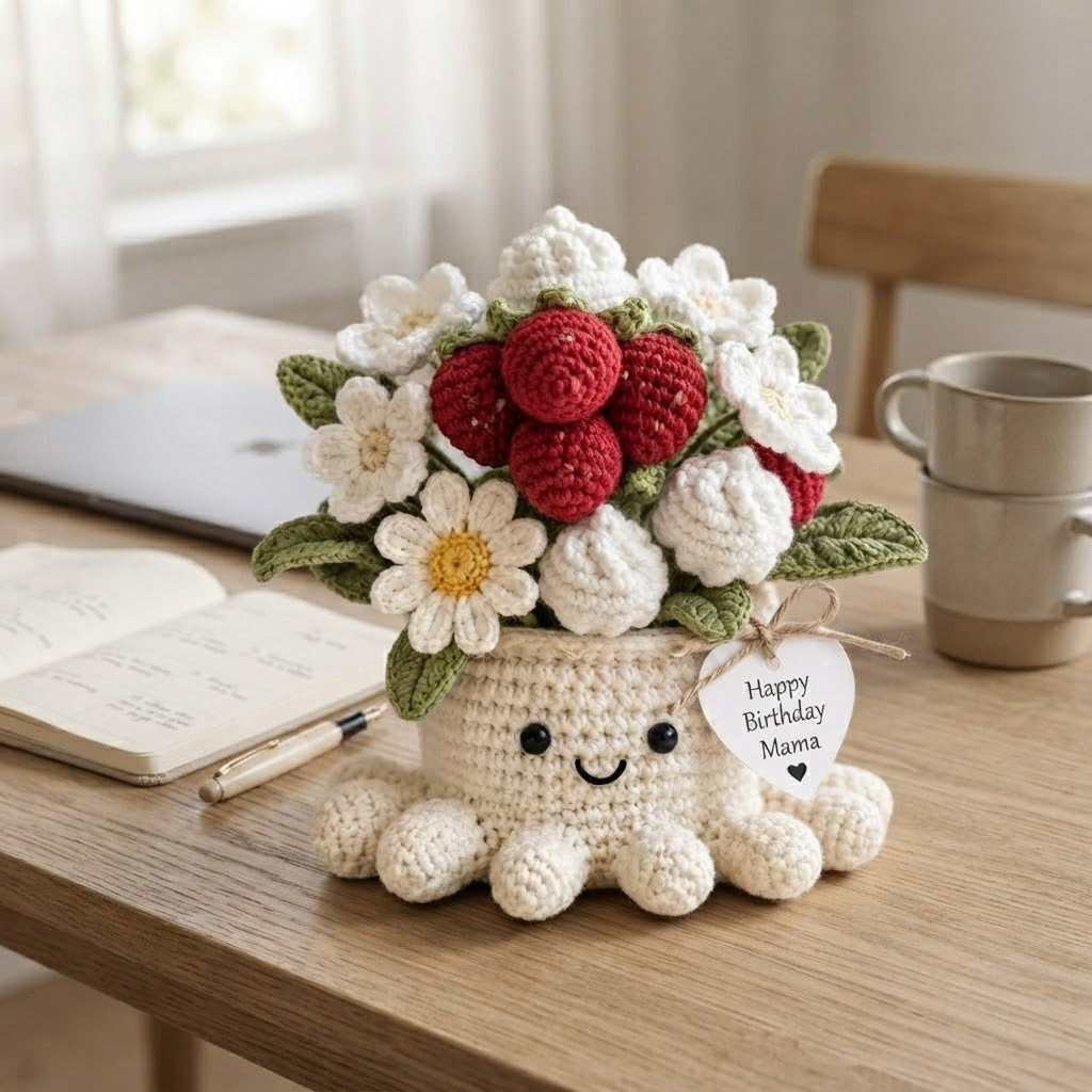 Handmade Crochet Strawberry and Daisy Octopus Pot | Cute Amigurumi Floral Gift for Mom