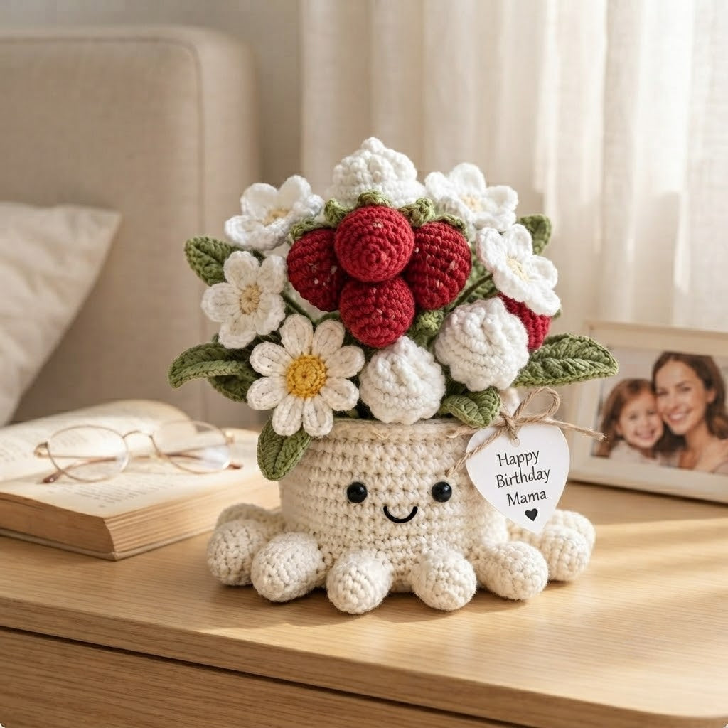 Handmade Crochet Strawberry and Daisy Octopus Pot | Cute Amigurumi Floral Gift for Mom
