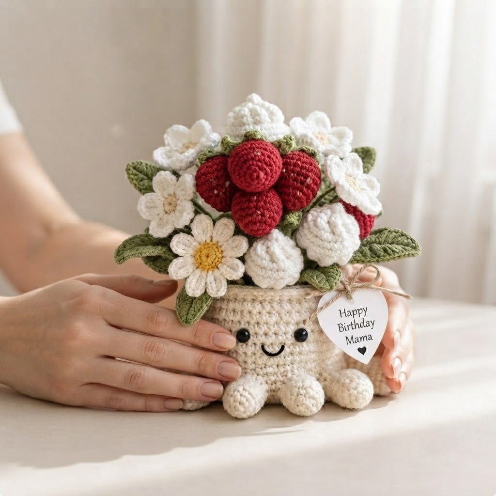 Handmade Crochet Strawberry and Daisy Octopus Pot | Cute Amigurumi Floral Gift for Mom