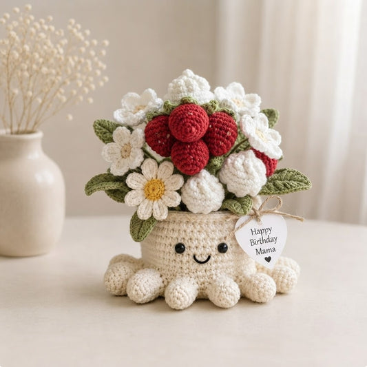 Handmade Crochet Strawberry and Daisy Octopus Pot | Cute Amigurumi Floral Gift for Mom