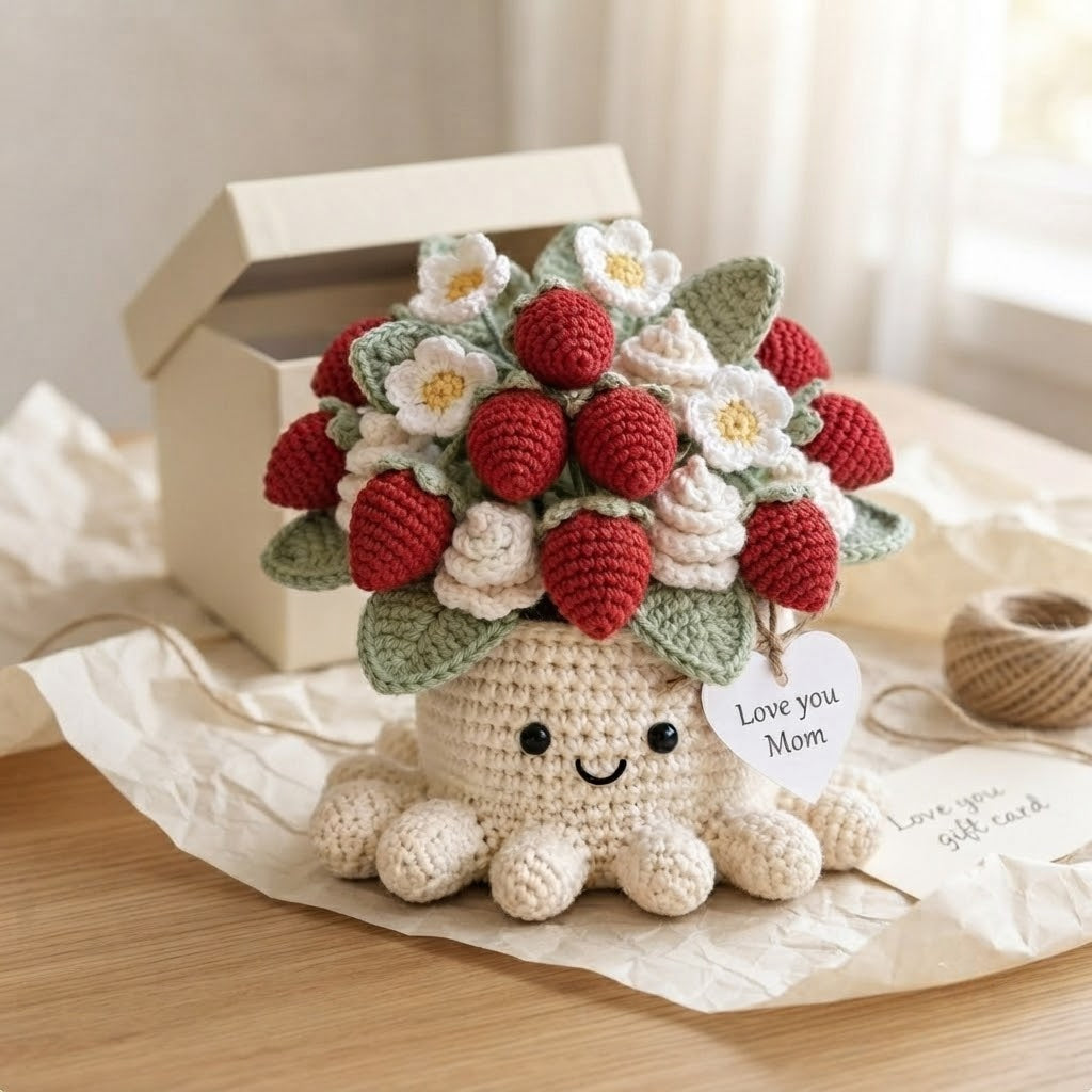 Handmade Crochet Strawberry Octopus Pot | Cute Amigurumi Plant & Gift for Mom