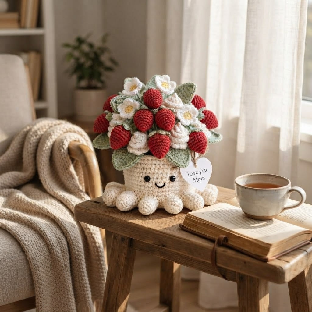 Handmade Crochet Strawberry Octopus Pot | Cute Amigurumi Plant & Gift for Mom