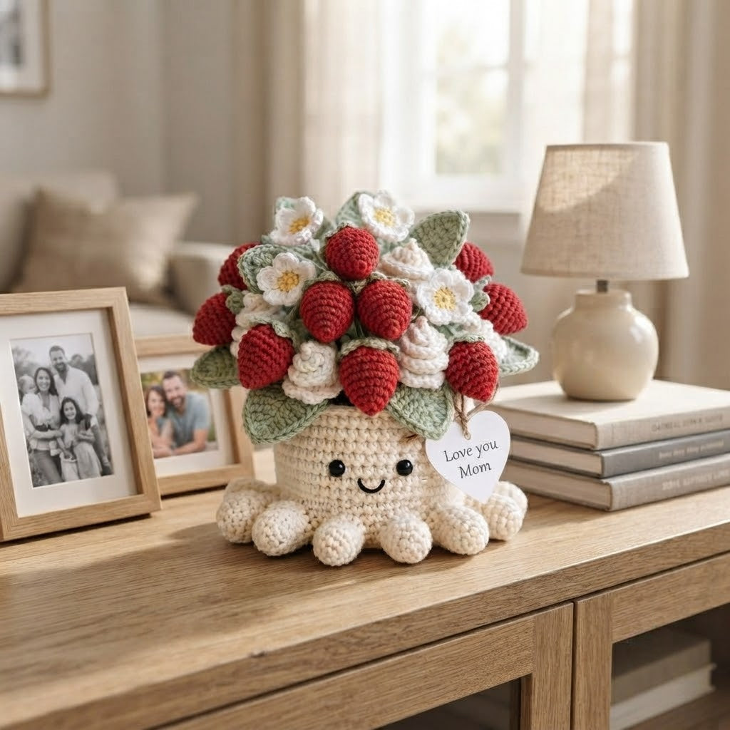 Handmade Crochet Strawberry Octopus Pot | Cute Amigurumi Plant & Gift for Mom
