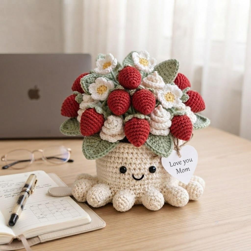 Handmade Crochet Strawberry Octopus Pot | Cute Amigurumi Plant & Gift for Mom