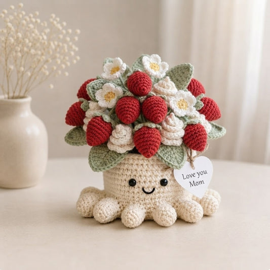 Handmade Crochet Strawberry Octopus Pot | Cute Amigurumi Plant & Gift for Mom