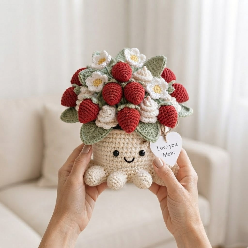 Handmade Crochet Strawberry Octopus Pot | Cute Amigurumi Plant & Gift for Mom
