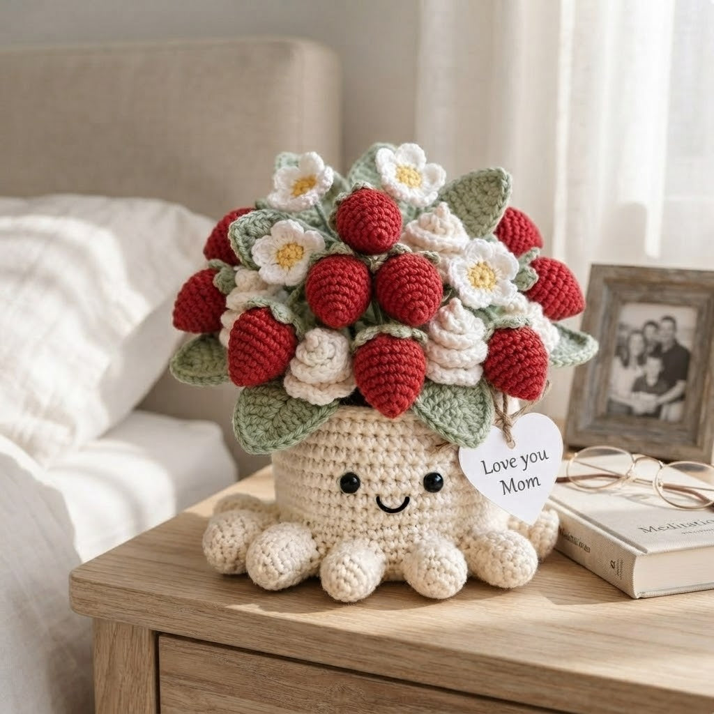 Handmade Crochet Strawberry Octopus Pot | Cute Amigurumi Plant & Gift for Mom