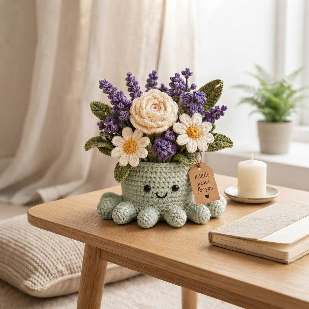 Handmade Crochet Lavender Octopus Pot | Cute Amigurumi Floral Plant & Gift