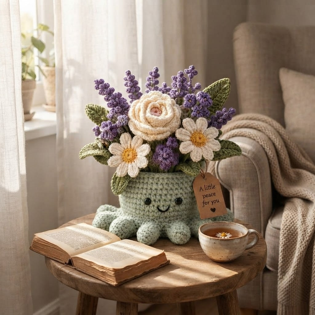Handmade Crochet Lavender Octopus Pot | Cute Amigurumi Floral Plant & Gift