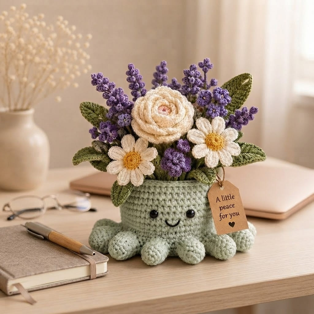 Handmade Crochet Lavender Octopus Pot | Cute Amigurumi Floral Plant & Gift
