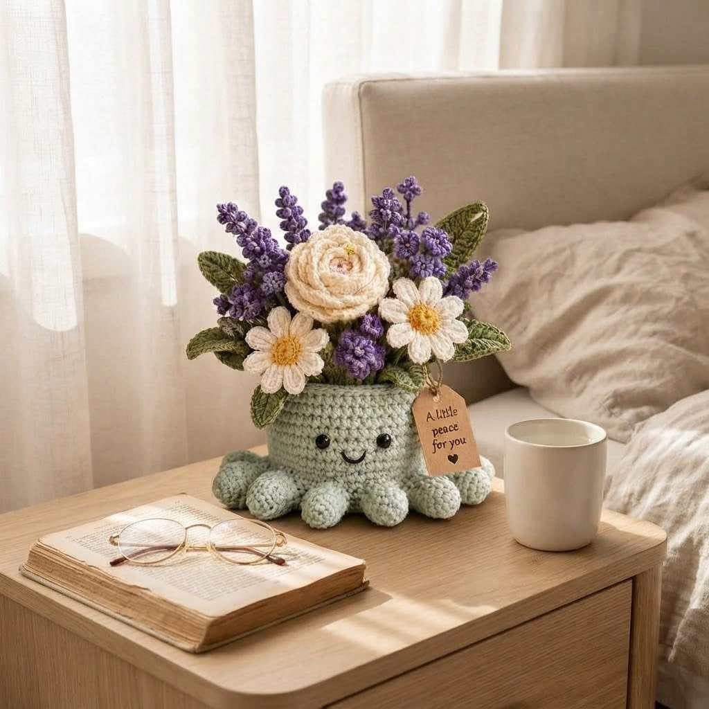 Handmade Crochet Lavender Octopus Pot | Cute Amigurumi Floral Plant & Gift