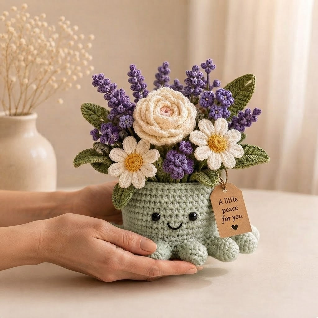 Handmade Crochet Lavender Octopus Pot | Cute Amigurumi Floral Plant & Gift