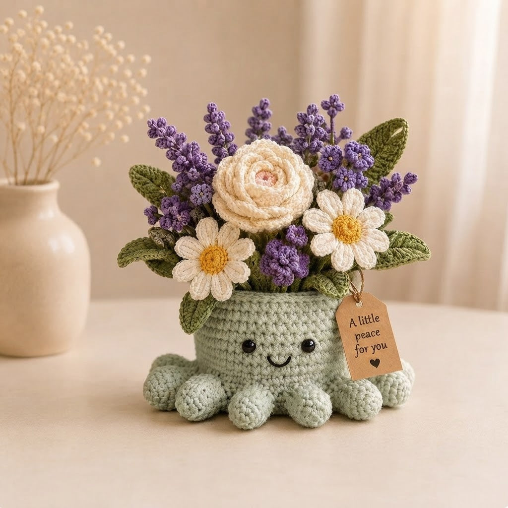 Handmade Crochet Lavender Octopus Pot | Cute Amigurumi Floral Plant & Gift