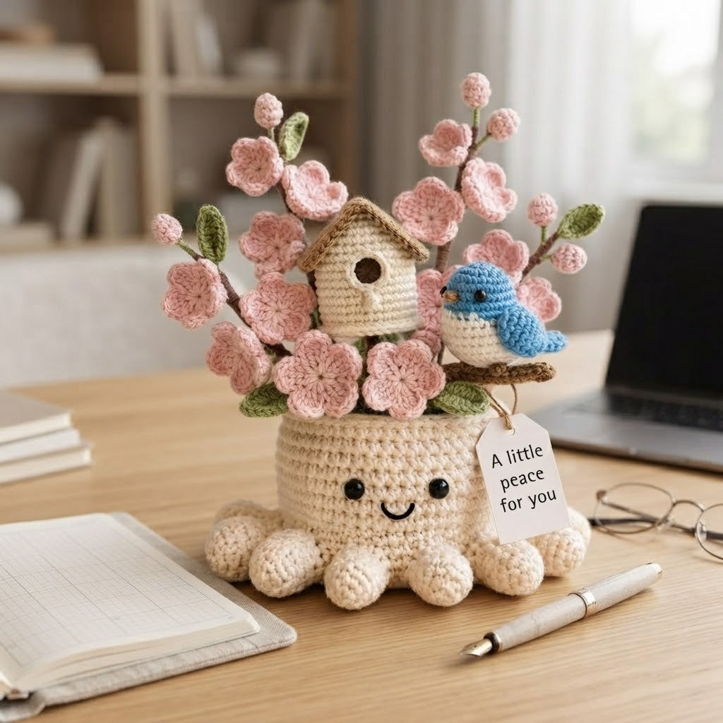 Handmade Crochet Birdhouse & Bluebird Octopus Pot | Cute Amigurumi Spring Decor