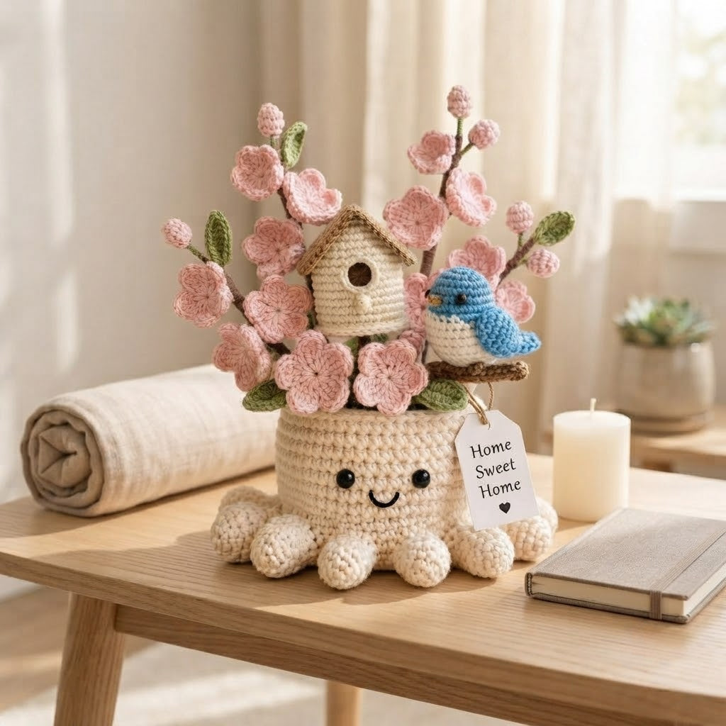 Handmade Crochet Birdhouse & Bluebird Octopus Pot | Cute Amigurumi Spring Decor
