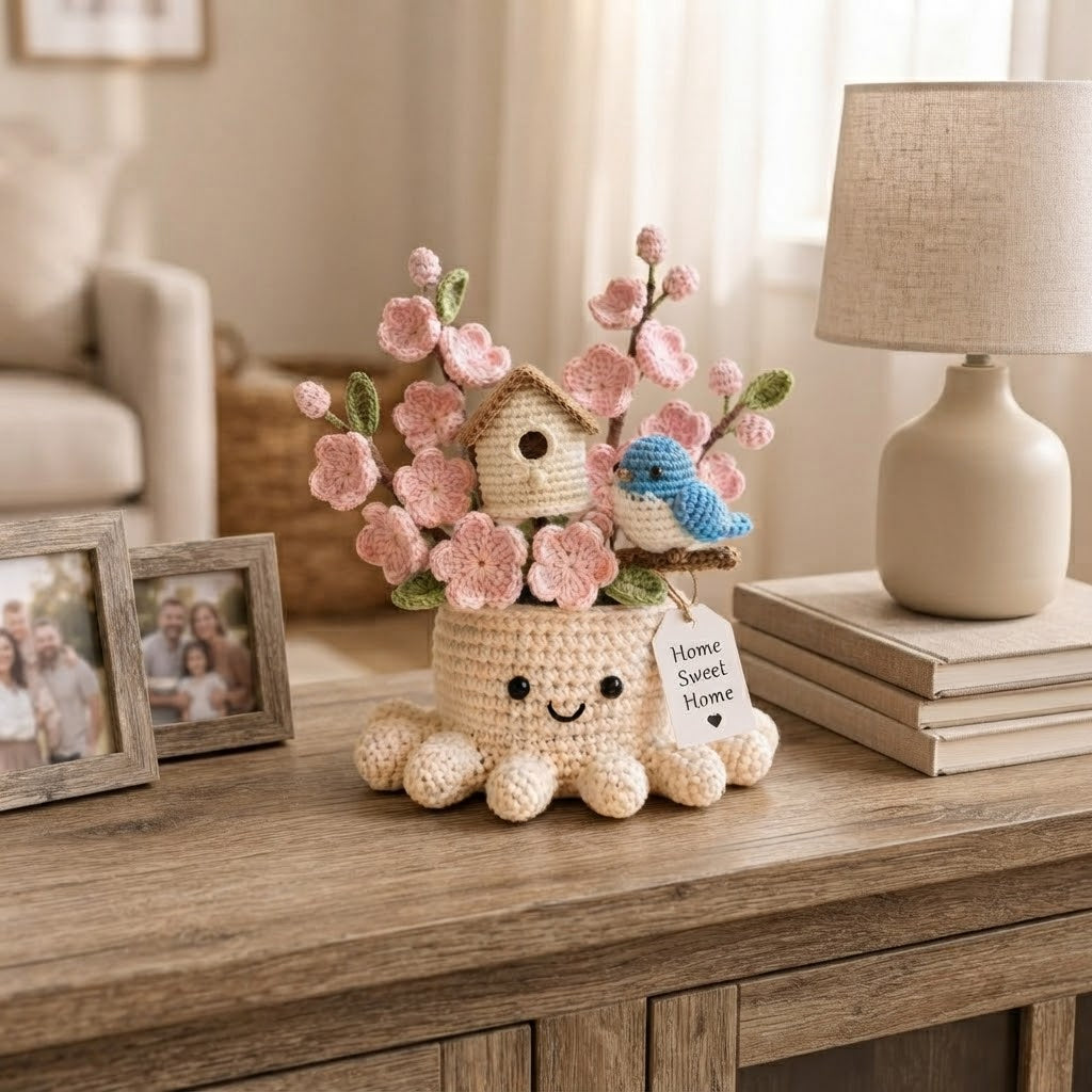 Handmade Crochet Birdhouse & Bluebird Octopus Pot | Cute Amigurumi Spring Decor