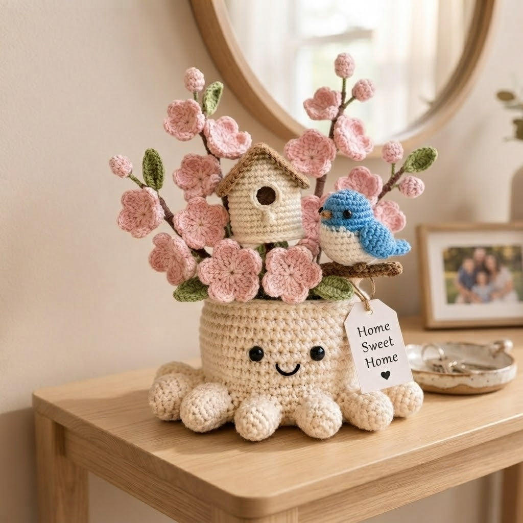 Handmade Crochet Birdhouse & Bluebird Octopus Pot | Cute Amigurumi Spring Decor