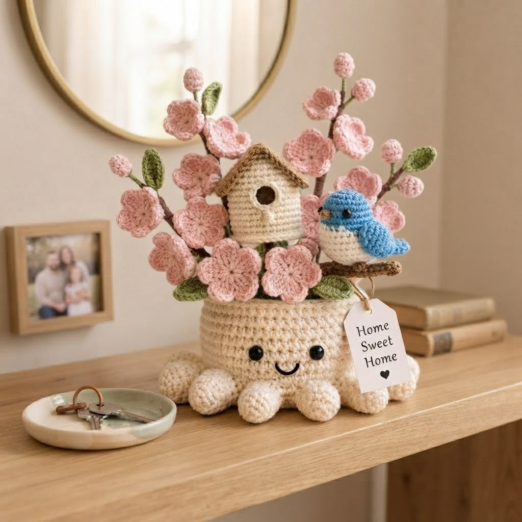 Handmade Crochet Birdhouse & Bluebird Octopus Pot | Cute Amigurumi Spring Decor