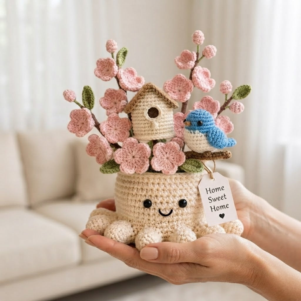 Handmade Crochet Birdhouse & Bluebird Octopus Pot | Cute Amigurumi Spring Decor