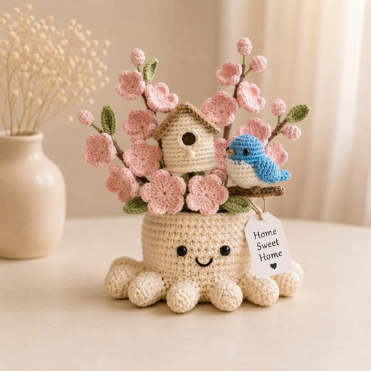 Handmade Crochet Birdhouse & Bluebird Octopus Pot | Cute Amigurumi Spring Decor