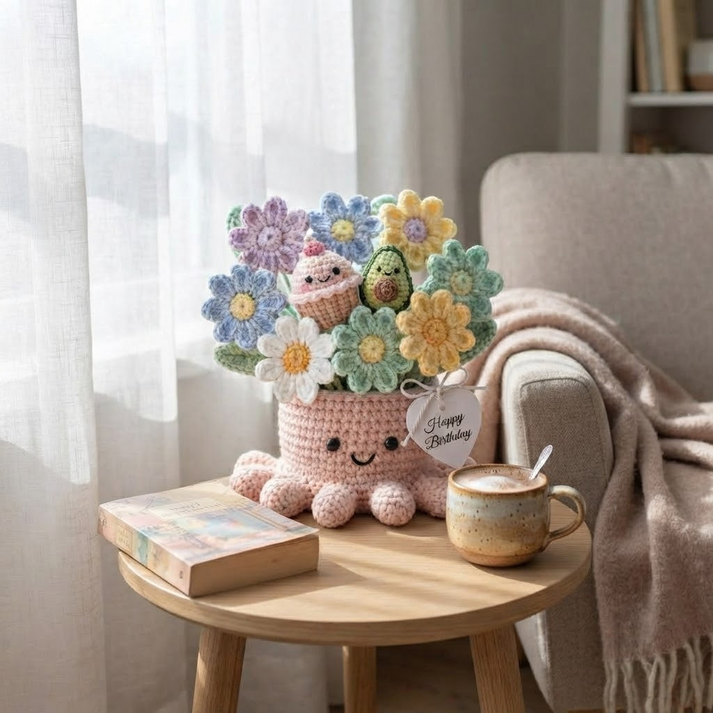 Handmade Crochet Daisy & Treat Octopus Pot | Cute Amigurumi Birthday Gift