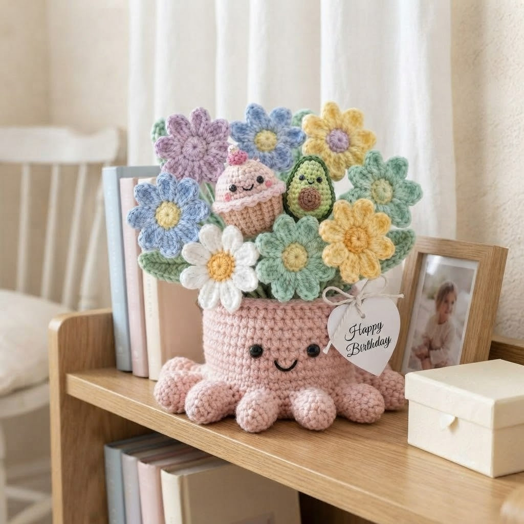 Handmade Crochet Daisy & Treat Octopus Pot | Cute Amigurumi Birthday Gift