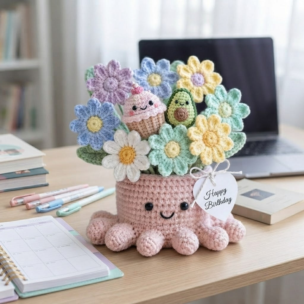 Handmade Crochet Daisy & Treat Octopus Pot | Cute Amigurumi Birthday Gift