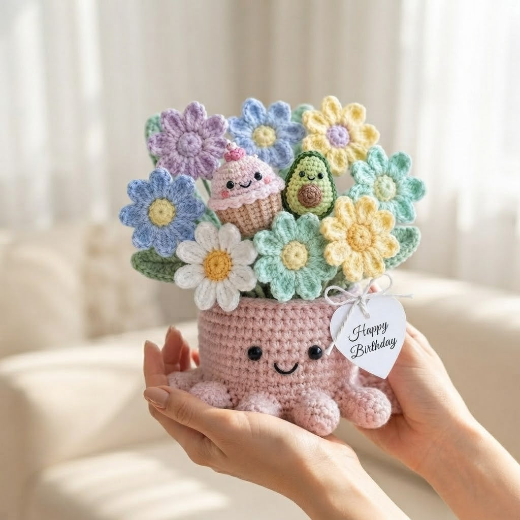 Handmade Crochet Daisy & Treat Octopus Pot | Cute Amigurumi Birthday Gift
