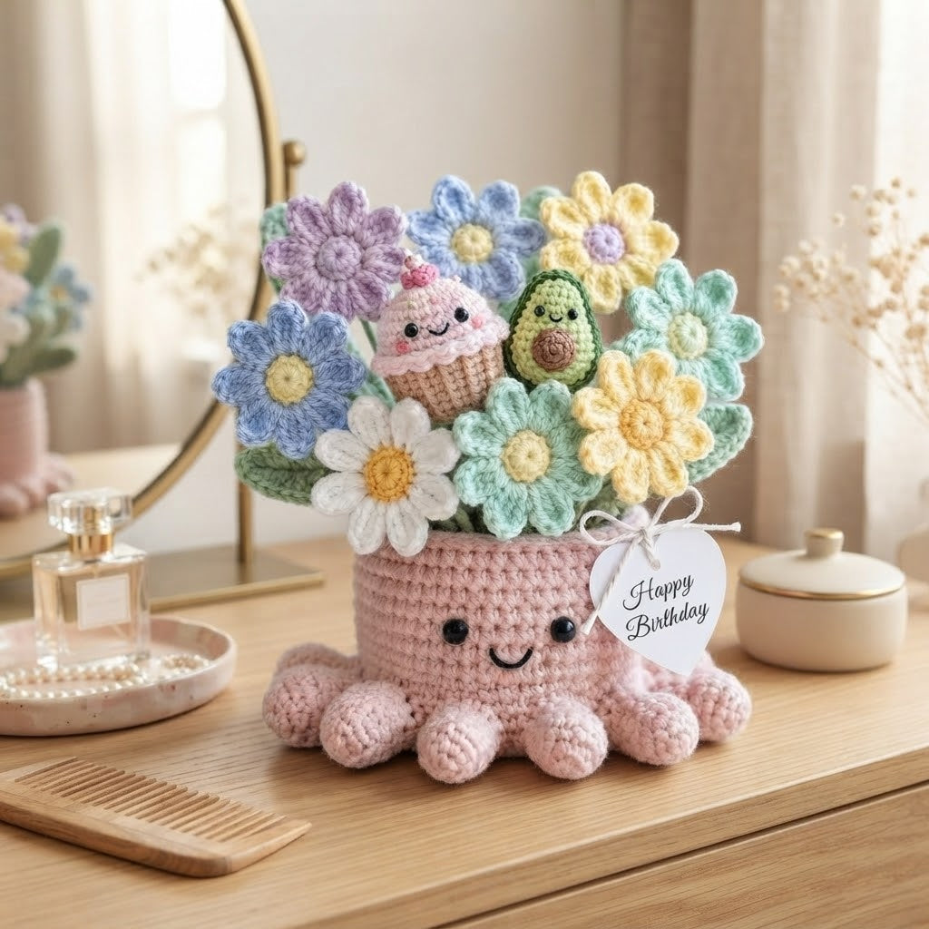 Handmade Crochet Daisy & Treat Octopus Pot | Cute Amigurumi Birthday Gift