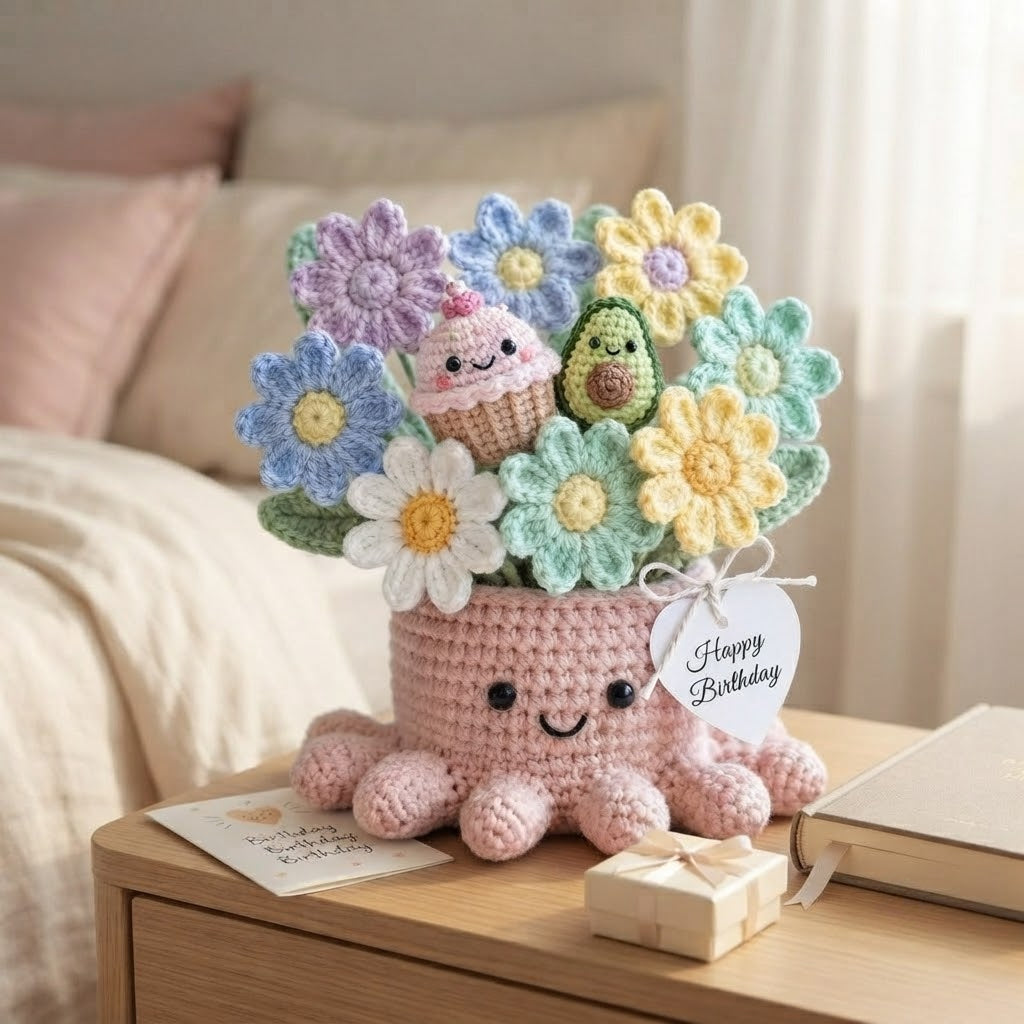 Handmade Crochet Daisy & Treat Octopus Pot | Cute Amigurumi Birthday Gift