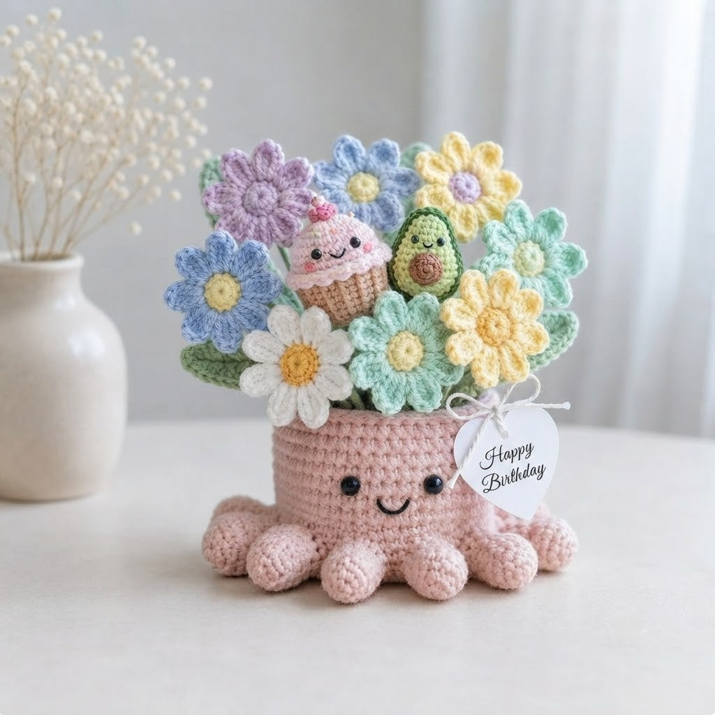Handmade Crochet Daisy & Treat Octopus Pot | Cute Amigurumi Birthday Gift
