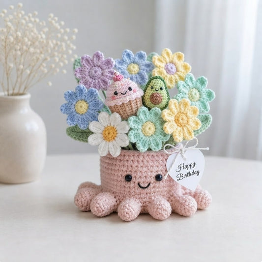 Handmade Crochet Daisy & Treat Octopus Pot | Cute Amigurumi Birthday Gift
