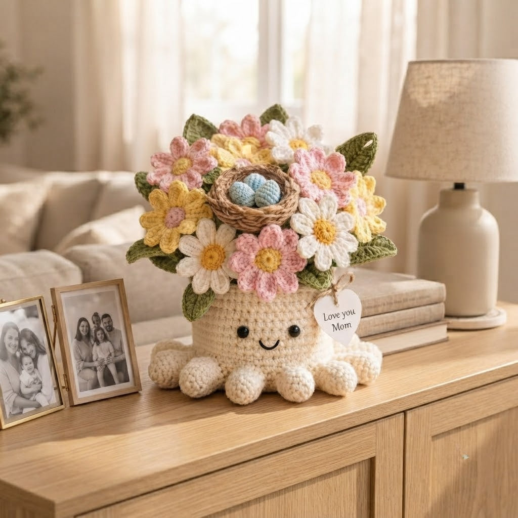 Handmade Crochet Bird Nest & Daisy Octopus Pot | Cute Amigurumi Gift for Mom