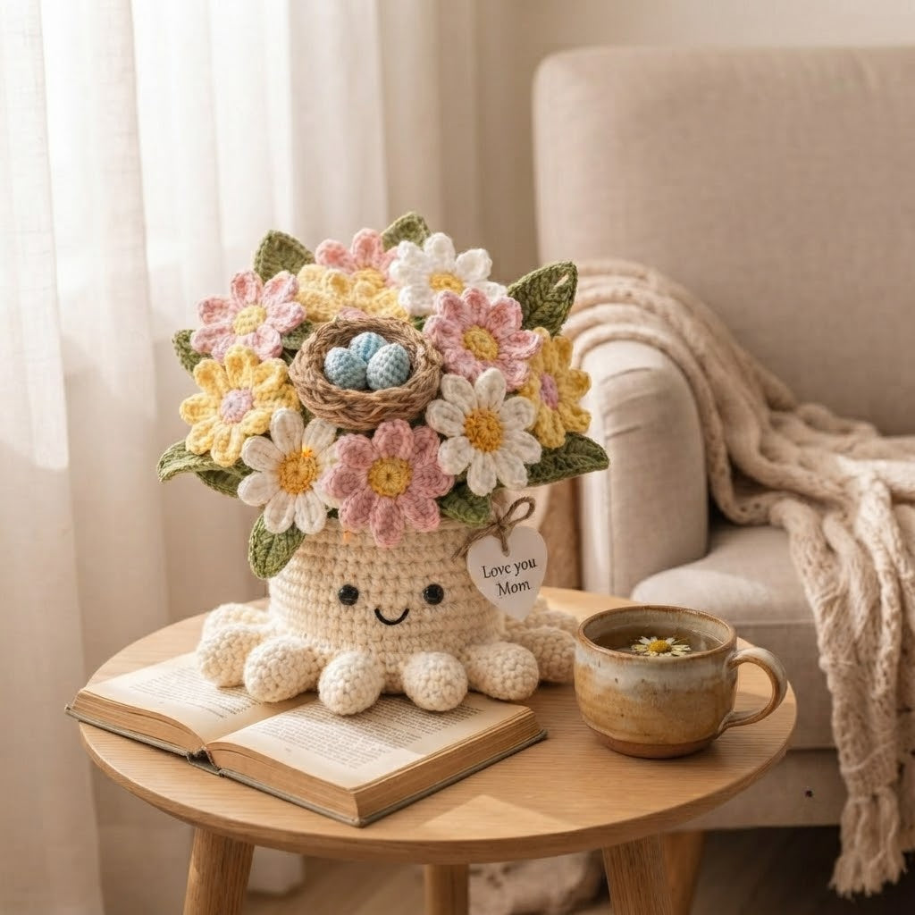 Handmade Crochet Bird Nest & Daisy Octopus Pot | Cute Amigurumi Gift for Mom