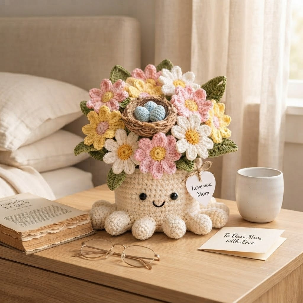 Handmade Crochet Bird Nest & Daisy Octopus Pot | Cute Amigurumi Gift for Mom